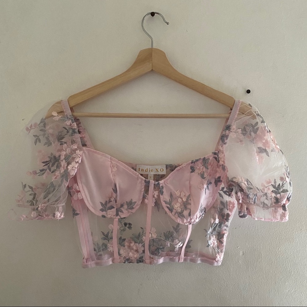 indie xo pink sheer floral crop top